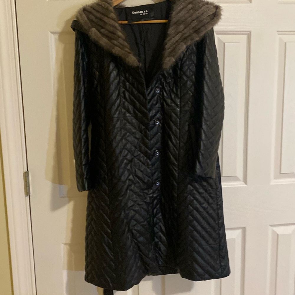 100% Lamb Leather Jacket with Fine Faux Fur Hood and Collar, Down Feather Filled